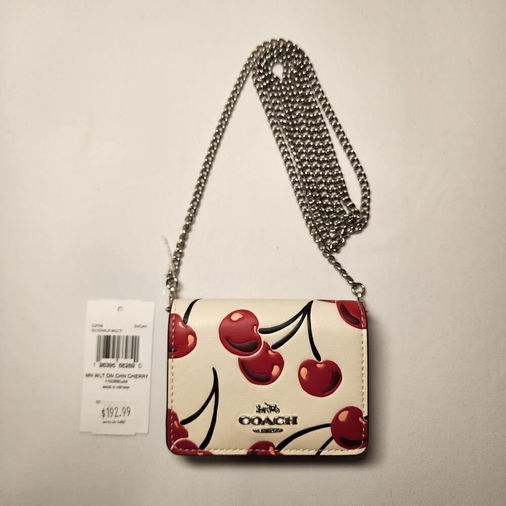 NWT Coach CZ759 Mini Wallet On a Chain Chalk Leather w/Cherry Print
